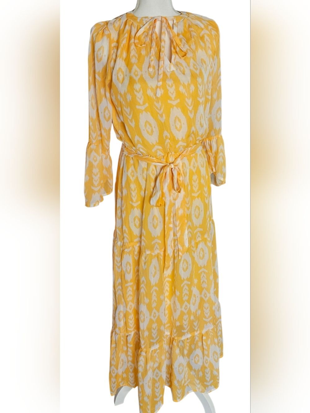 Boho Small Yellow Chiffon Maxi Dress Tie Waist Tiered Resort Vacation